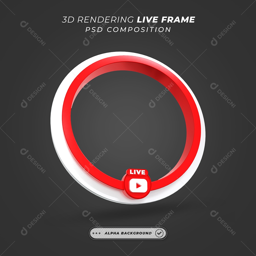 Quadro Círcular de Live do Youtube Elemento 3D Branco e Vermelho para Composição PSD