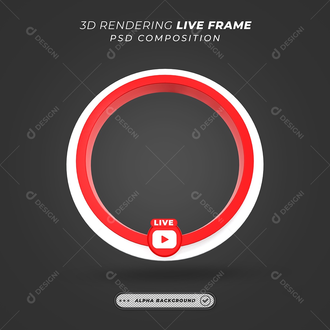 Quadro Círcular de Live do Youtube Elemento 3D Branco e Vermelho para Composição PSD