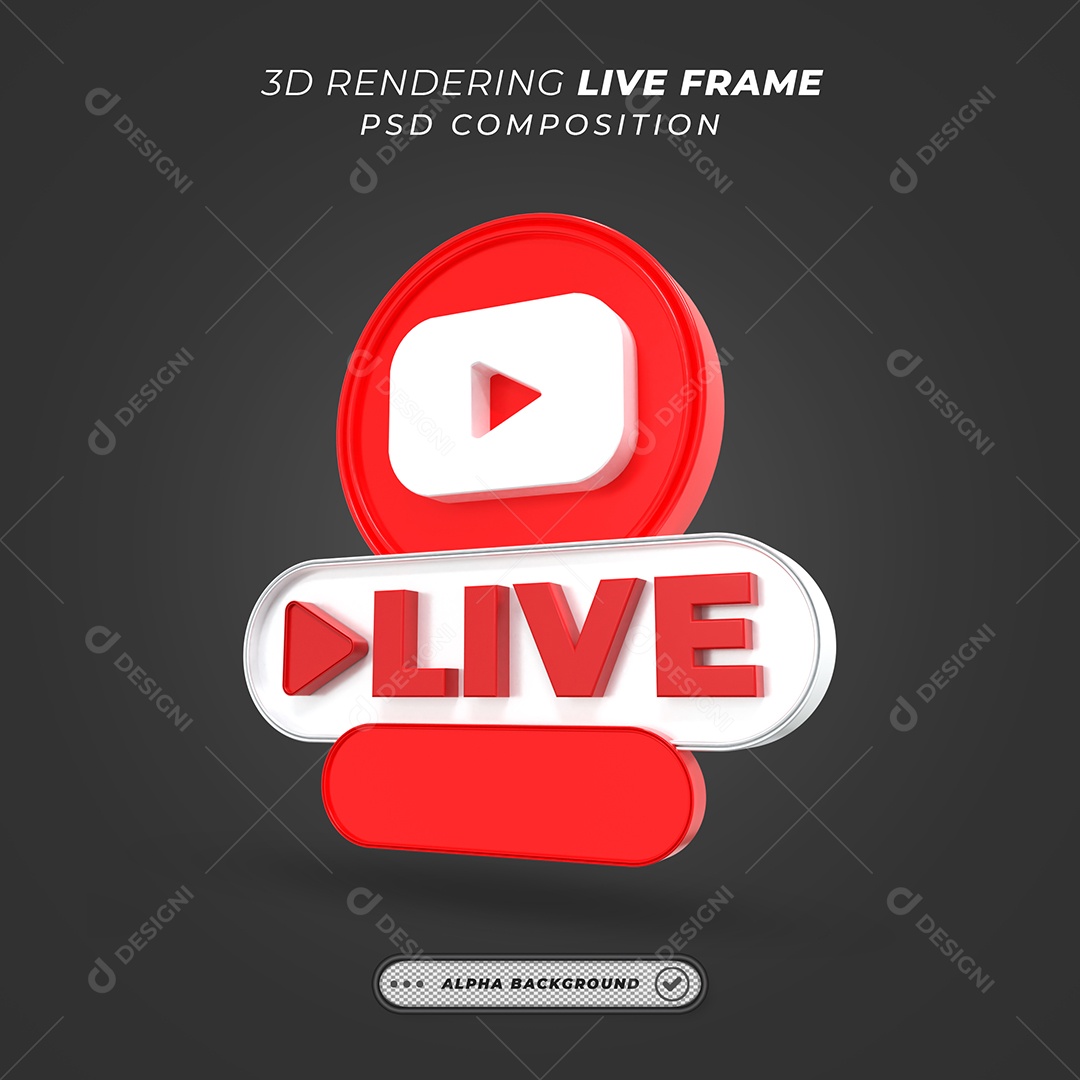 Selo 3D de Live do Youtube Vermelho para Composição PSD