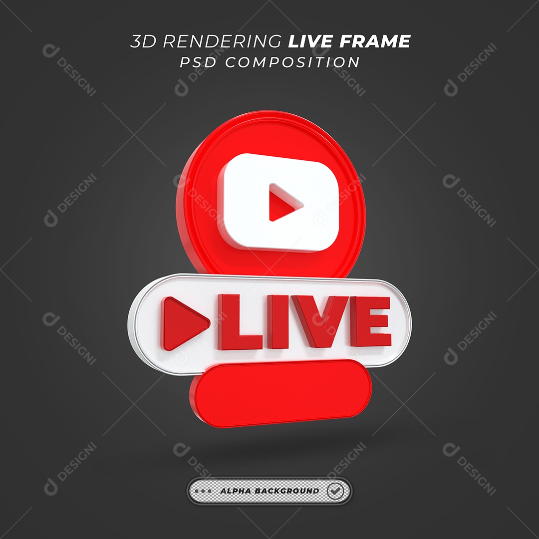 Selo 3D de Live do Youtube vermelho para Composição PSD