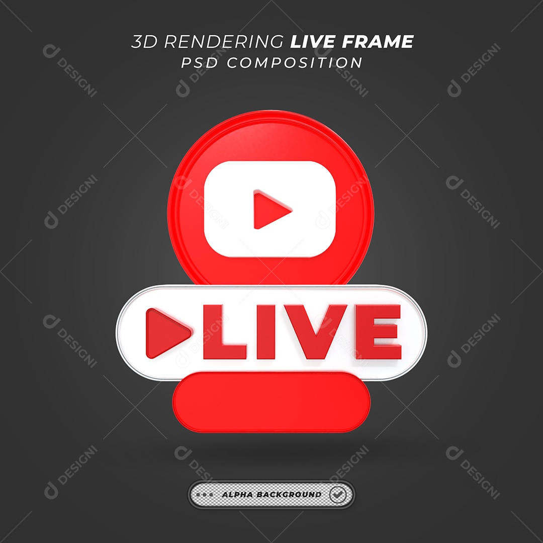 Selo 3D de Live do Youtube vermelho para Composição PSD