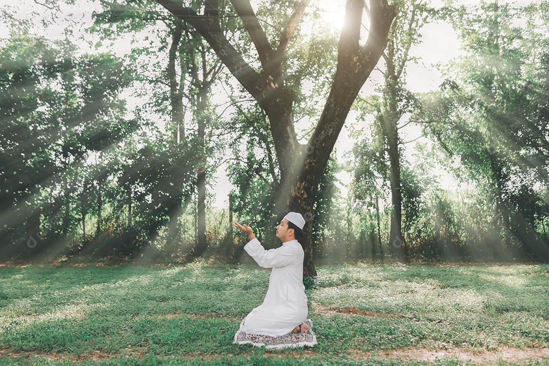 Homem muçulmano religioso tradicional kandura orando ao ar livre em raios de sol de ambiente de natureza tranquila.