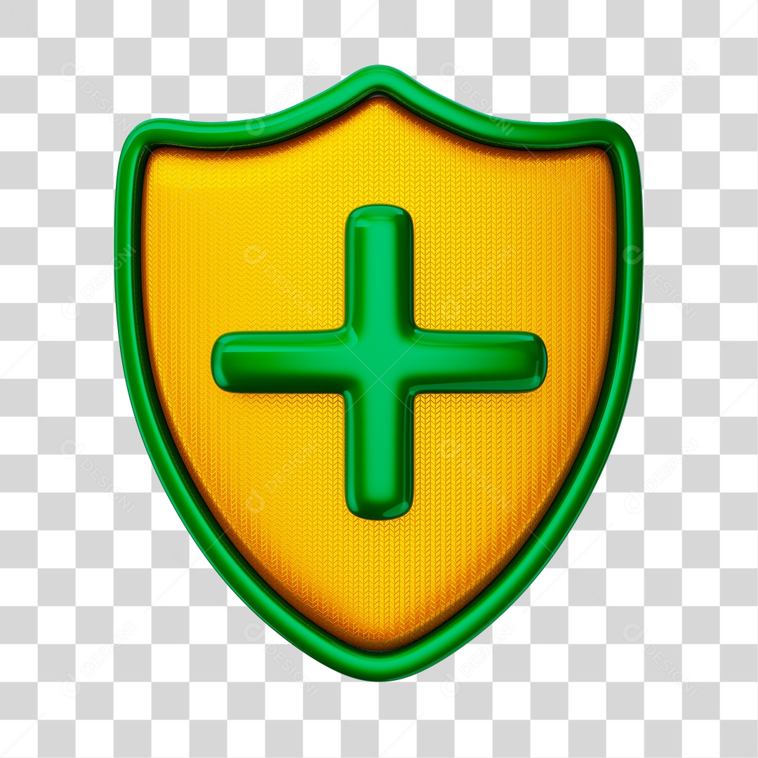 Brasão Amarelo Com Bordas e Ícone de Mais Farmácia Elemento 3D PNG