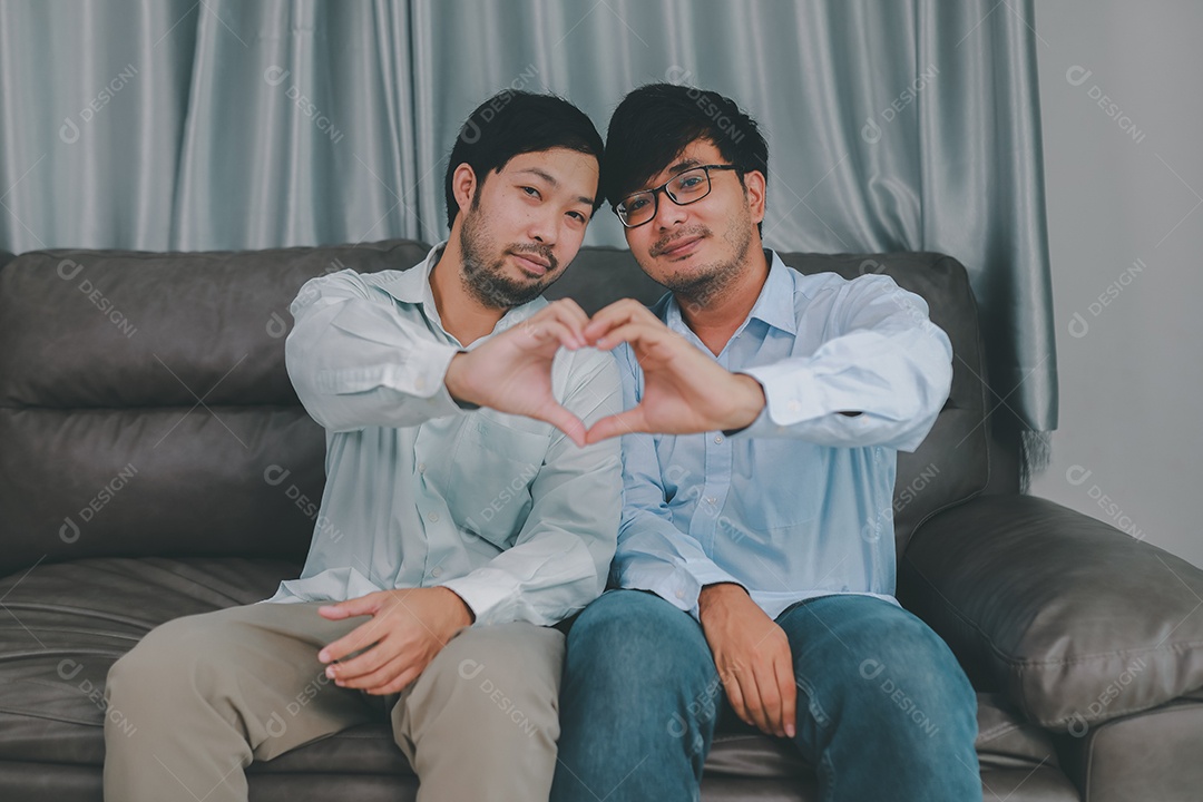 Feliz casal masculino homossexual passando tempo juntos em sofás dentro de suas casas. Feliz juntos conceito.