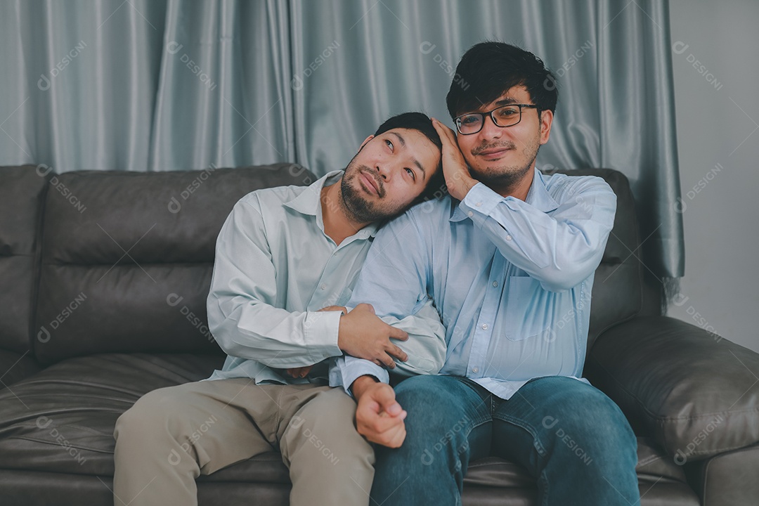 Feliz casal masculino homossexual passando tempo juntos em sofás dentro de suas casas. Feliz juntos conceito.