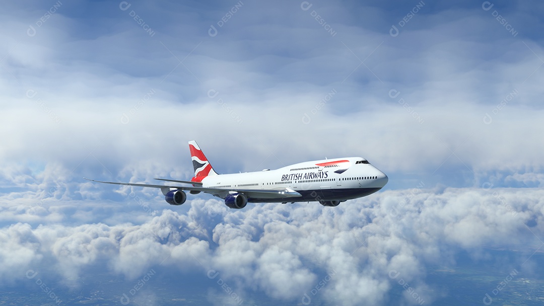 Boeing 747 British Airways voando sobre as nuvens