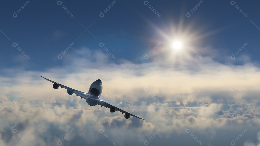 Aviões comerciais voando sobre as nuvens no pôr do sol incrível