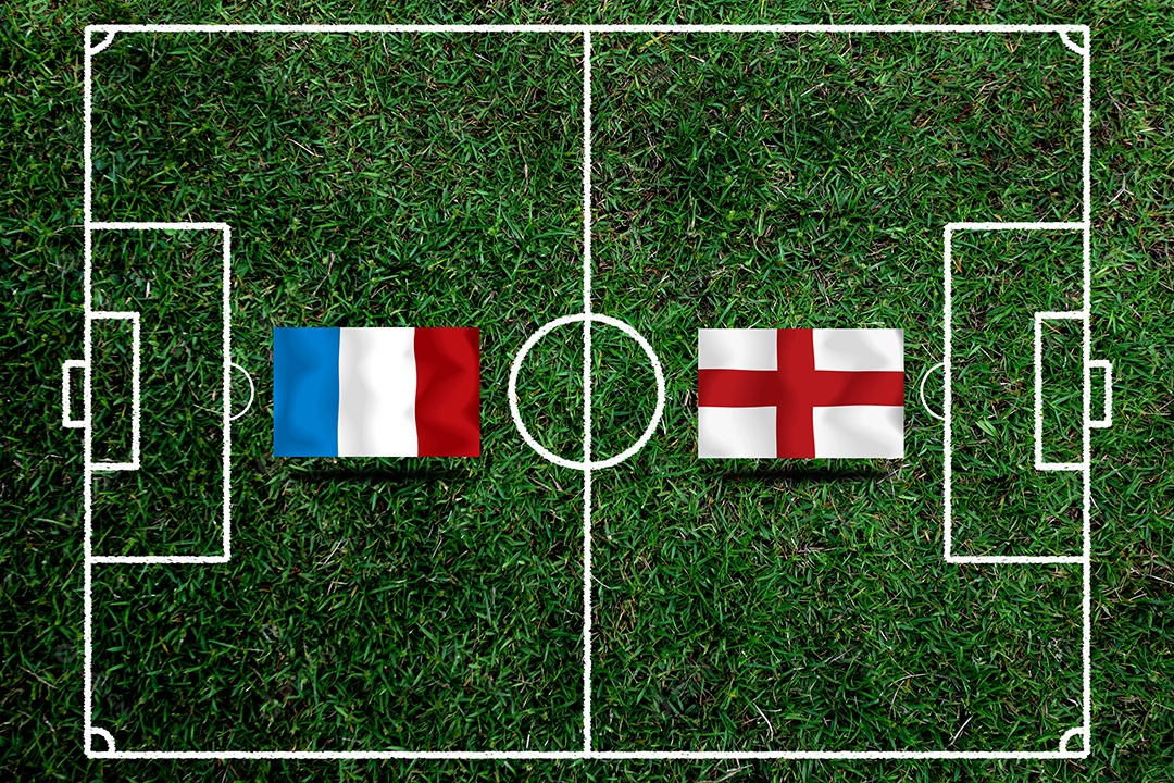Competição da Copa de Futebol entre a França nacional e a Inglaterra nacional.