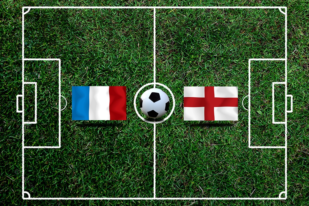 Competição da Copa de Futebol entre a França nacional e a Inglaterra nacional.