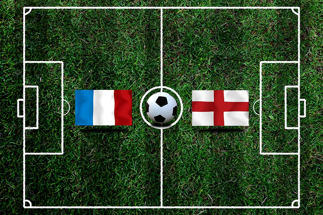 Competição da Copa de Futebol entre a França nacional e a Inglaterra nacional.