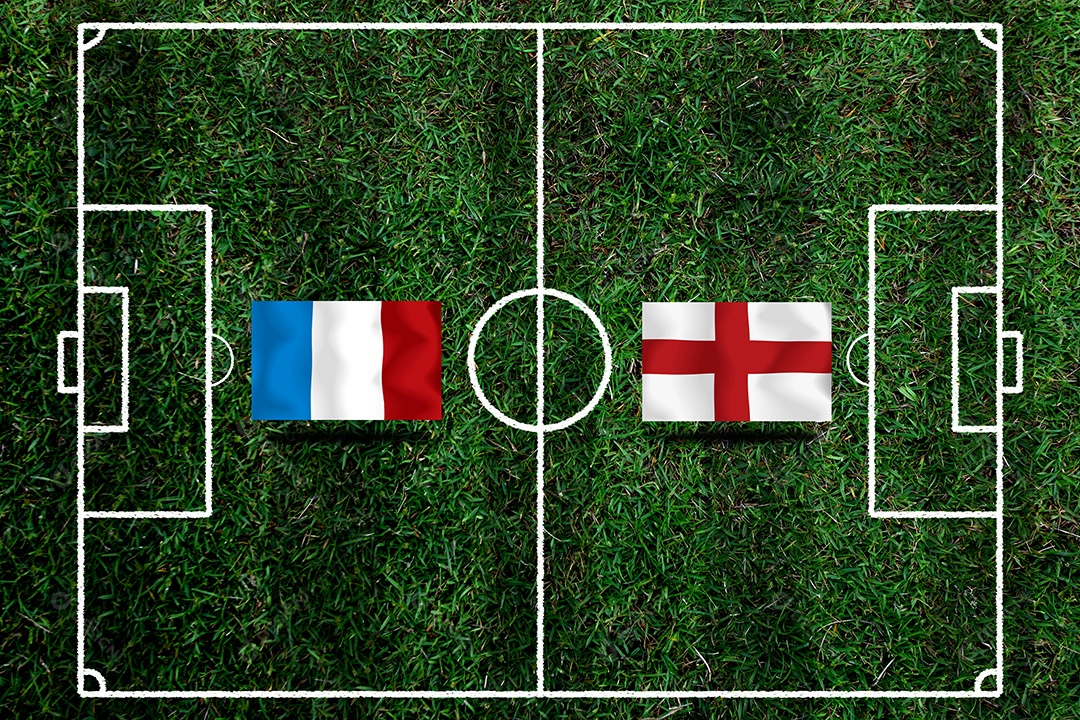 Competição da Copa de Futebol entre a França nacional e a Inglaterra nacional.