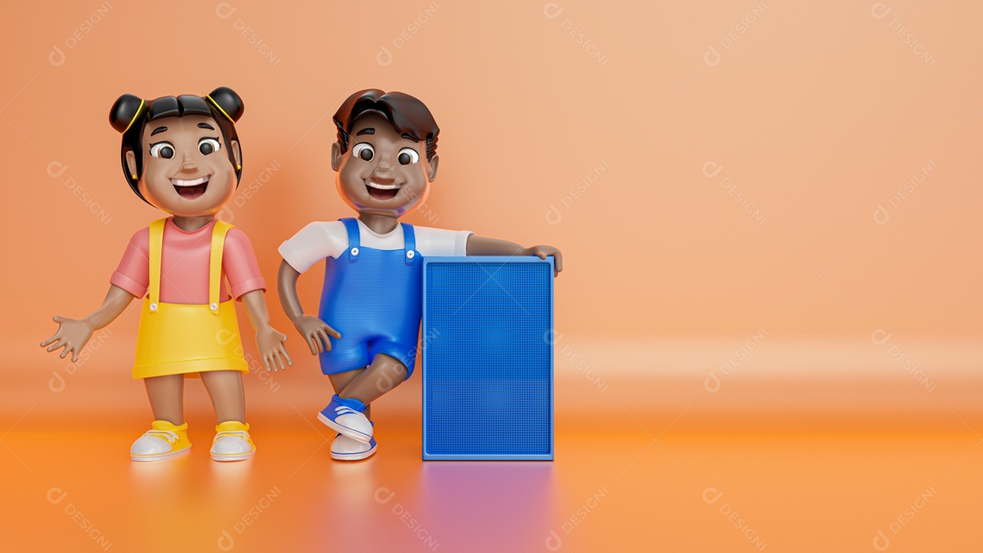Background Laranja Com Uma Menina E Um Menino Segurando Caixa Azul Social Media PSD Editável