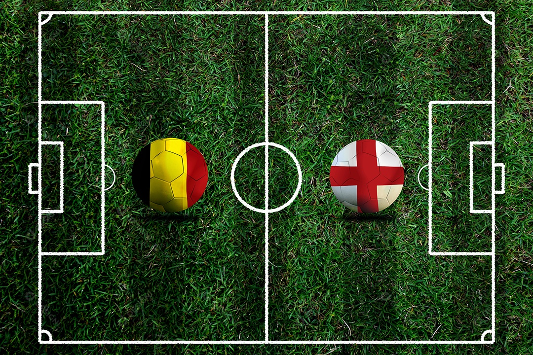 Competição da Copa de Futebol entre a Bélgica nacional e a Inglaterra nacional.