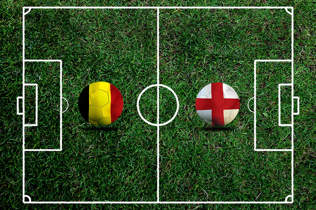 Competição da Copa de Futebol entre a Bélgica nacional e a Inglaterra nacional.