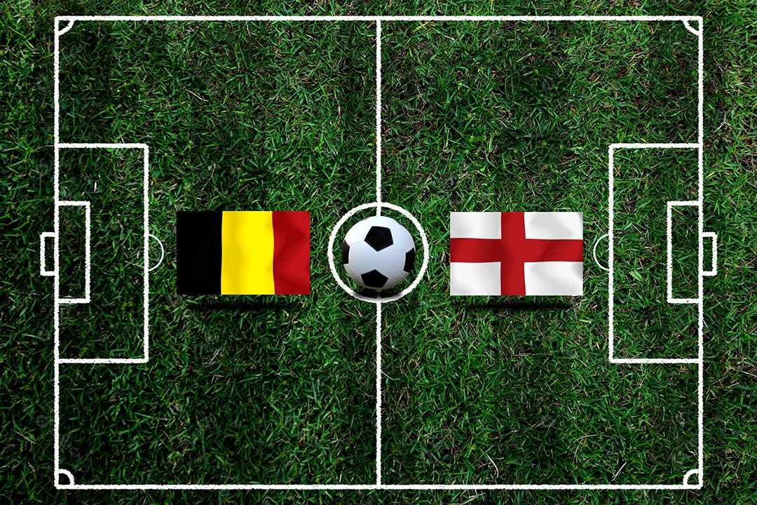 Competição da Copa de Futebol entre a Bélgica nacional e a Inglaterra nacional.