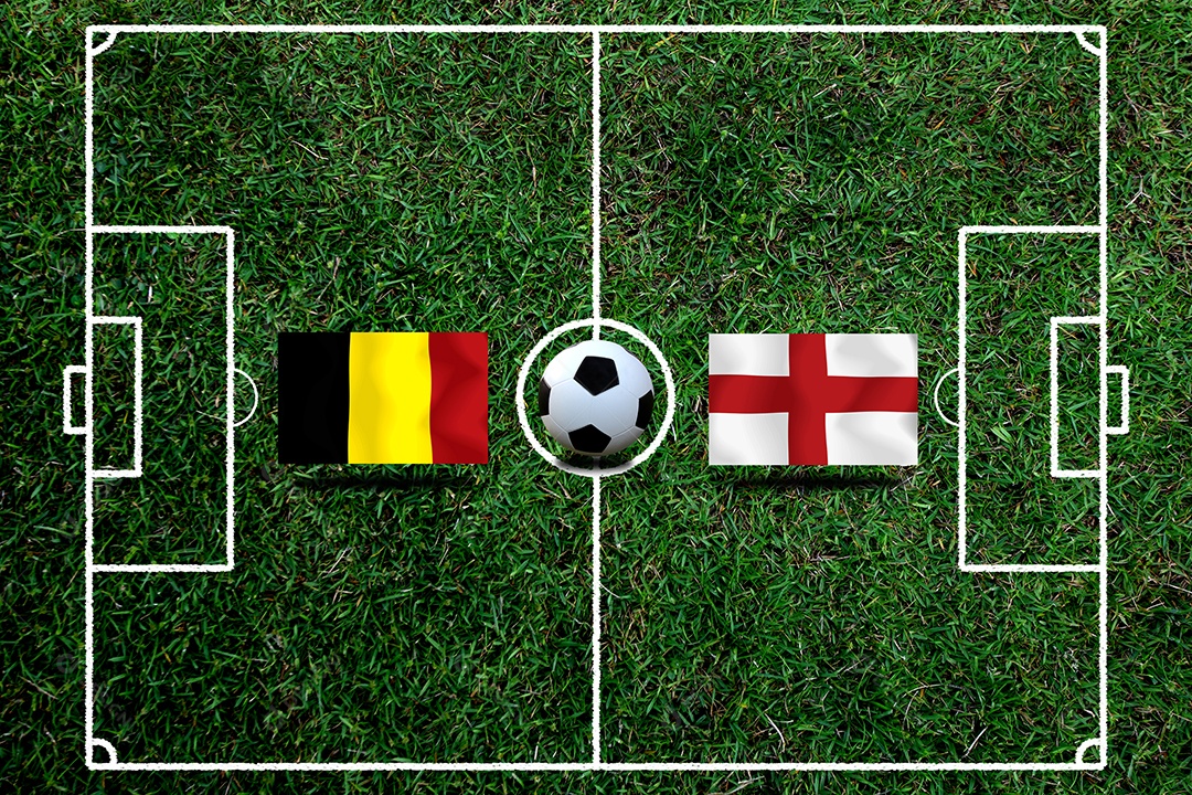 Competição da Copa de Futebol entre a Bélgica nacional e a Inglaterra nacional.