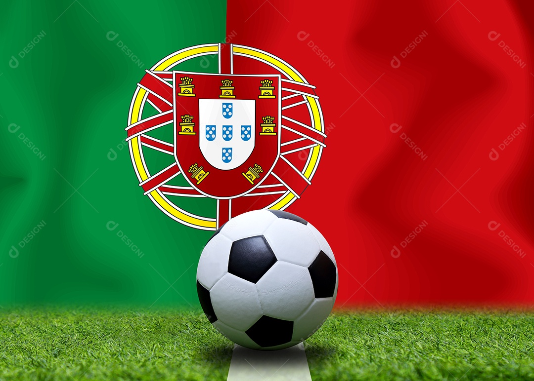 Bandeira de Portugal e bola de futebol.