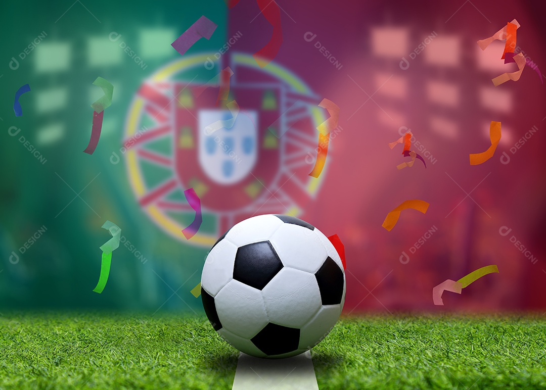 Bandeira de Portugal e bola de futebol.