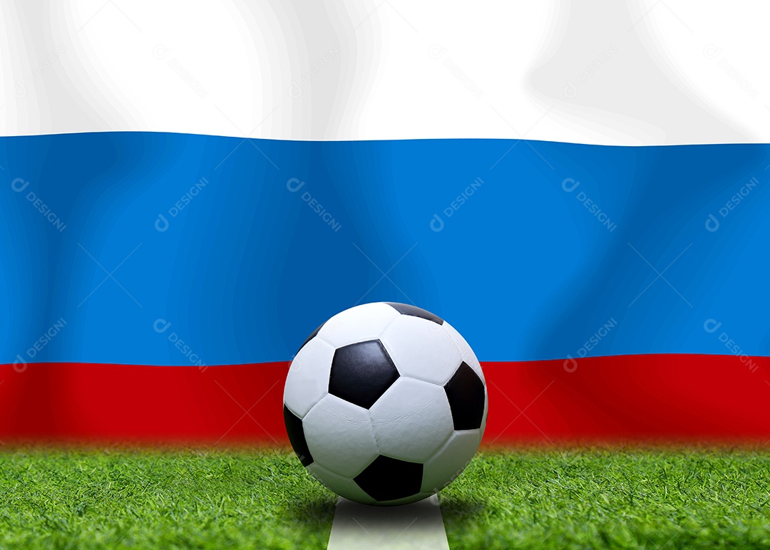 Bandeira russa e bola de futebol. Esporte de conceito.