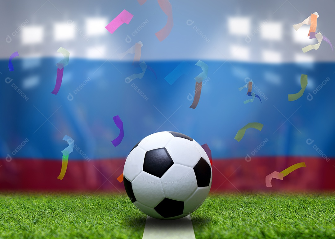 Bandeira russa e bola de futebol. Esporte de conceito.