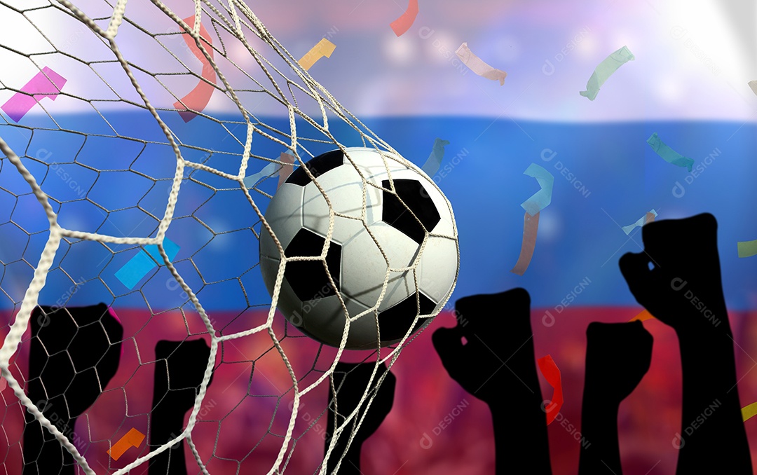 Bandeira russa e bola de futebol. Esporte de conceito.