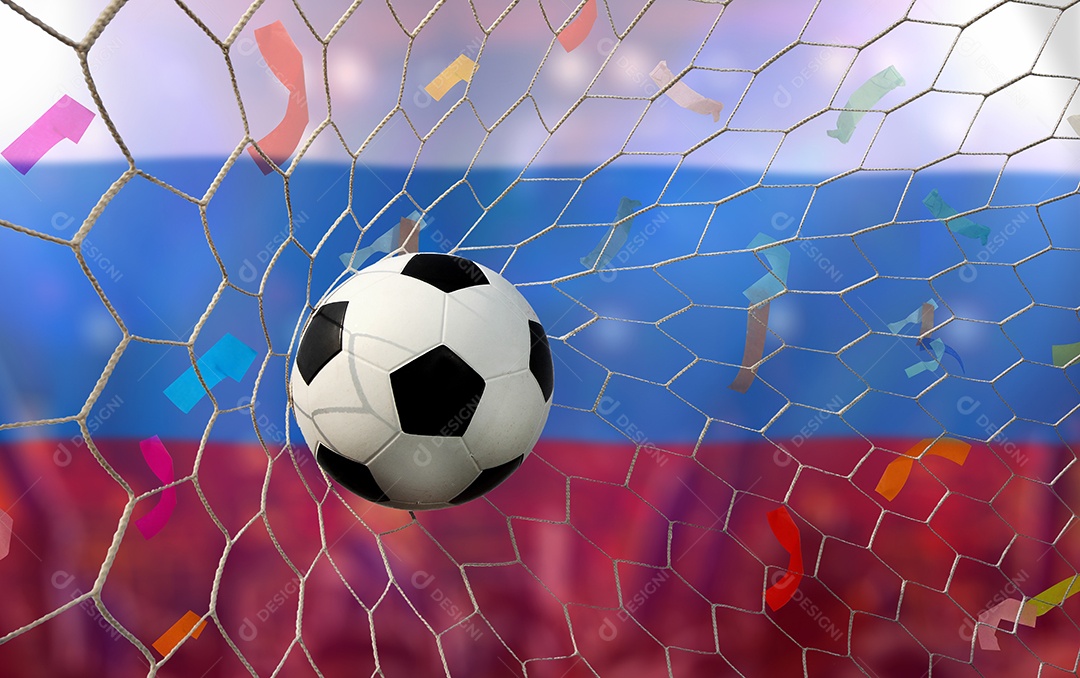 Bandeira russa e bola de futebol. Esporte de conceito.