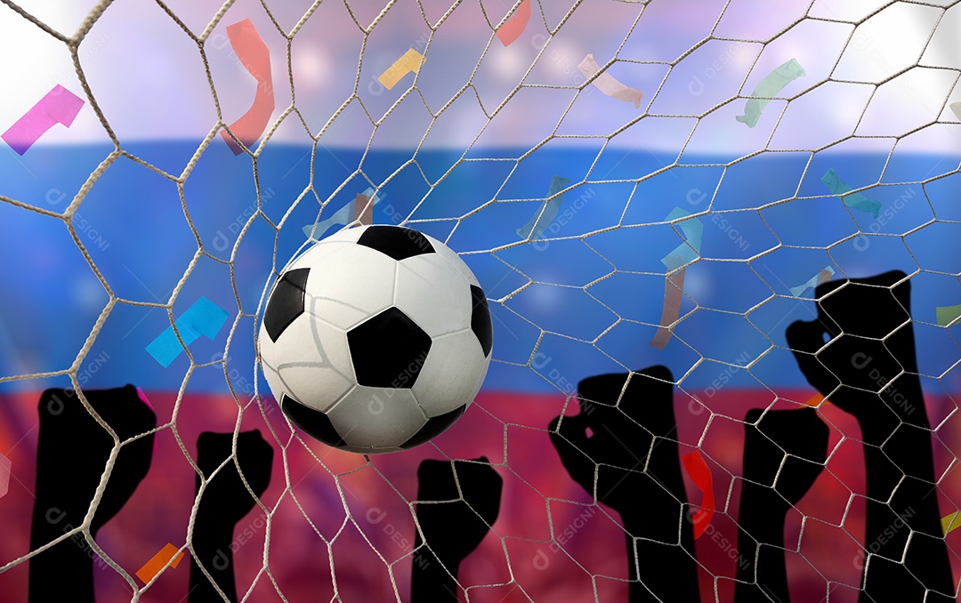 Bandeira russa e bola de futebol. Esporte de conceito.