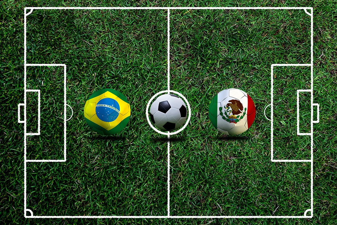 Competição da Copa de Futebol entre o nacional Brasil e México