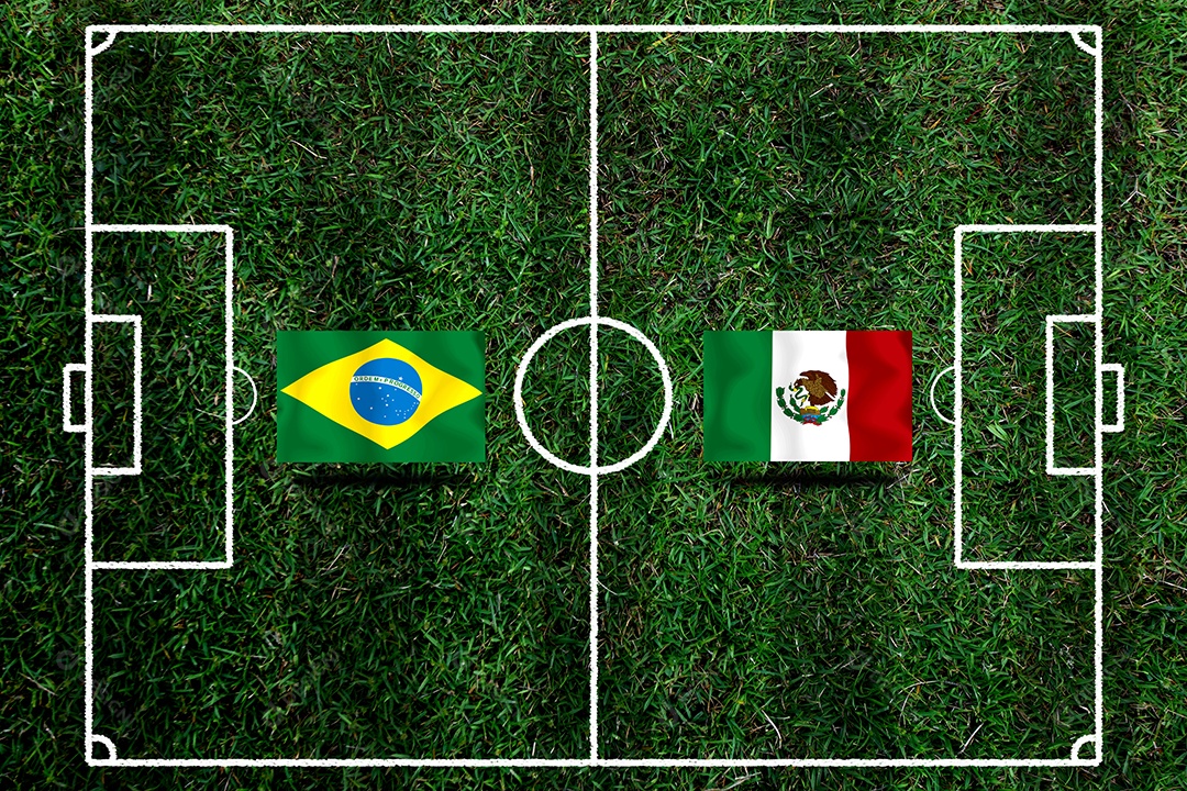 Competição da Copa de Futebol entre o nacional Brasil e México