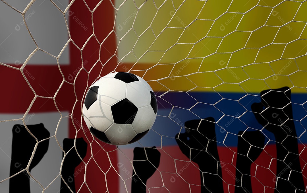 Competição da Copa de Futebol entre a Inglaterra nacional e a Colômbia saudita nacional.