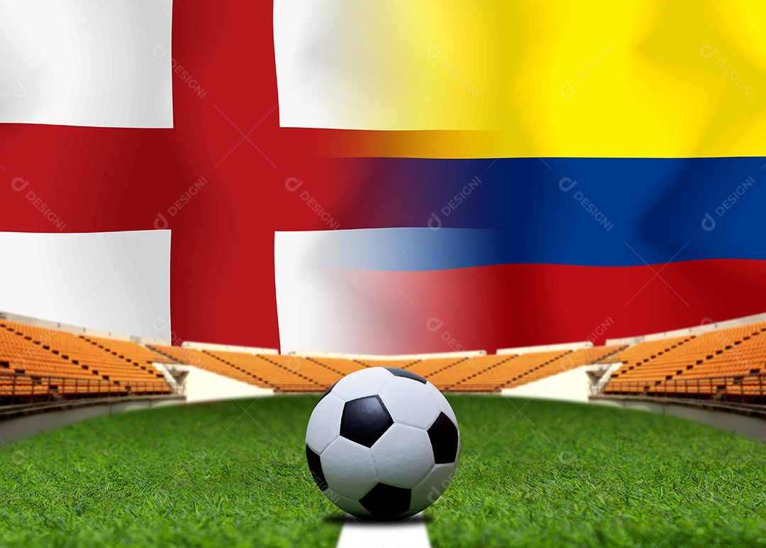 Competição da Copa de Futebol entre a Inglaterra nacional e a Colômbia saudita nacional.