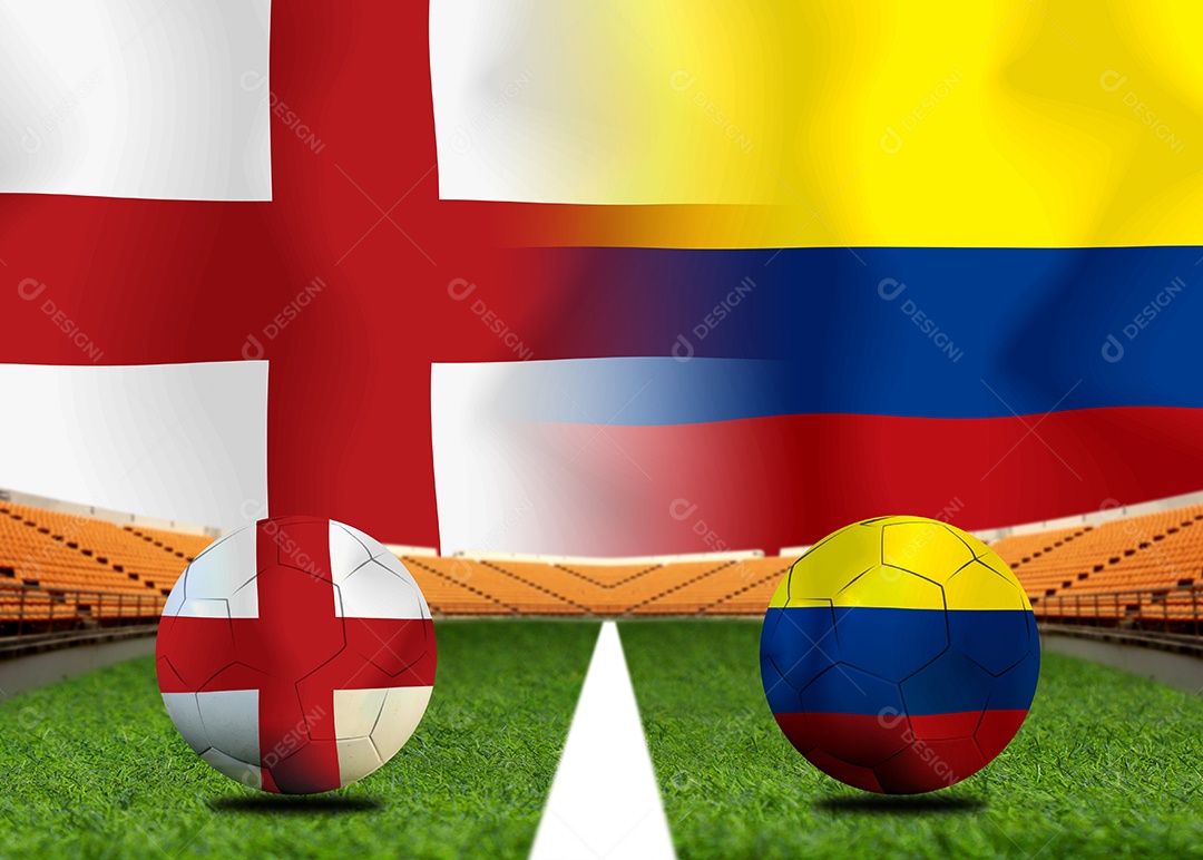 Competição da Copa de Futebol entre a Inglaterra nacional e a Colômbia saudita nacional.