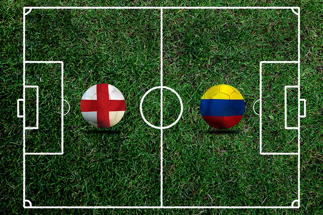 Competição da Copa de Futebol entre a Inglaterra nacional e a Colômbia saudita nacional.