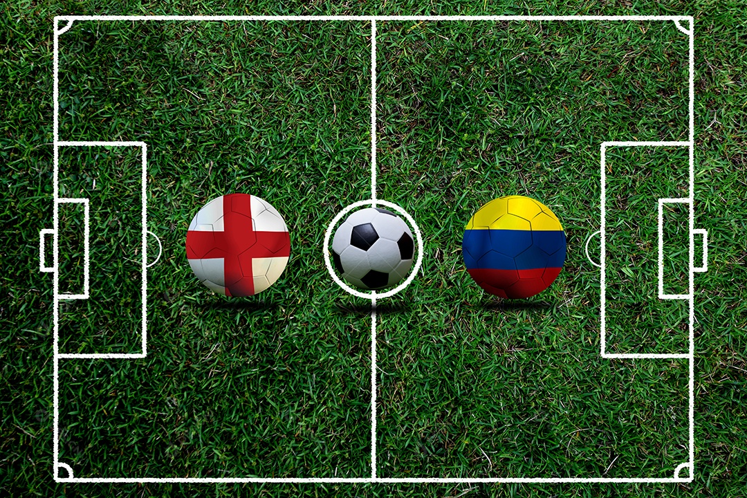 Competição da Copa de Futebol entre a Inglaterra nacional e a Colômbia saudita nacional.