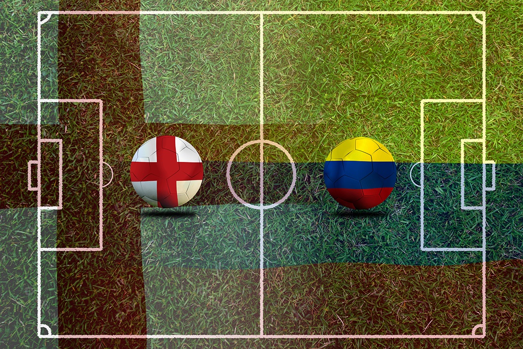 Competição da Copa de Futebol entre a Inglaterra nacional e a Colômbia saudita nacional.