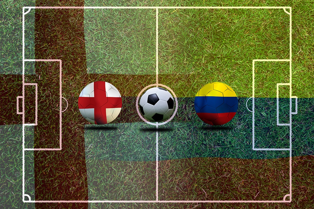 Competição da Copa de Futebol entre a Inglaterra nacional e a Colômbia saudita nacional.