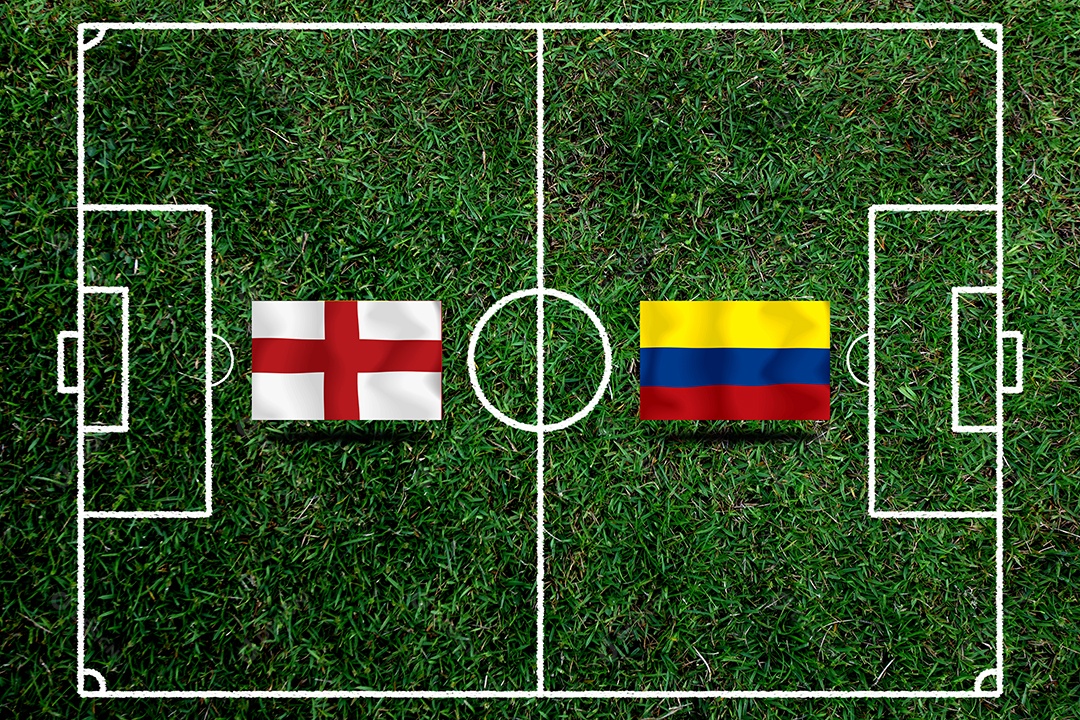 Competição da Copa de Futebol entre a Inglaterra nacional e a Colômbia saudita nacional.