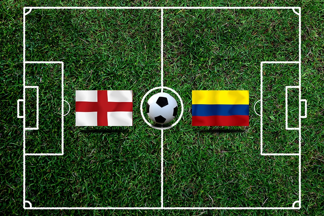 Competição da Copa de Futebol entre a Inglaterra nacional e a Colômbia saudita nacional.