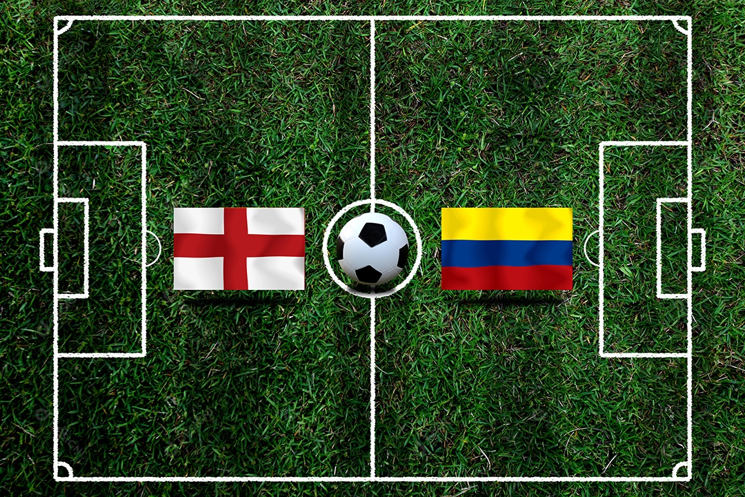 Competição da Copa de Futebol entre a Inglaterra nacional e a Colômbia saudita nacional.