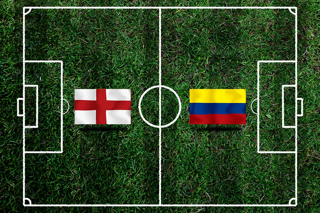 Competição da Copa de Futebol entre a Inglaterra nacional e a Colômbia saudita nacional.