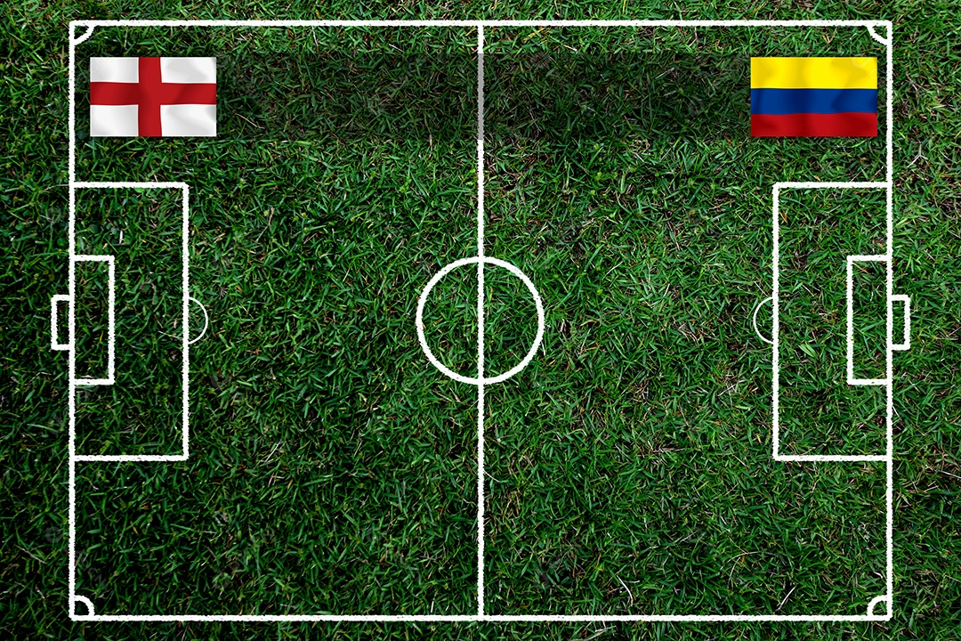 Competição da Copa de Futebol entre a Inglaterra nacional e a Colômbia saudita nacional.