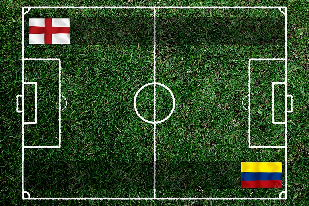 Competição da Copa de Futebol entre a Inglaterra nacional e a Colômbia saudita nacional.