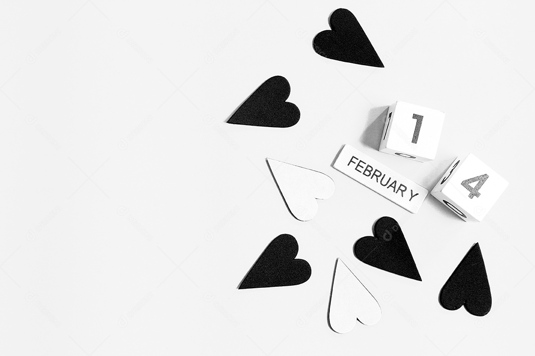 Show de calendário de madeira de 14 de fevereiro com coração preto e branco para fundo de dia dos namorados
