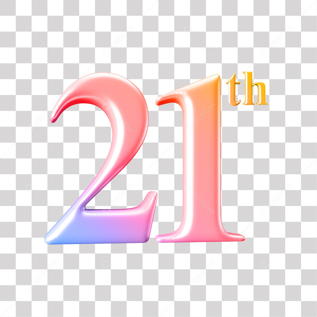 Elemento 3D Para Composição Número 21 Degrade Rosa e Roxo PNG Transparente