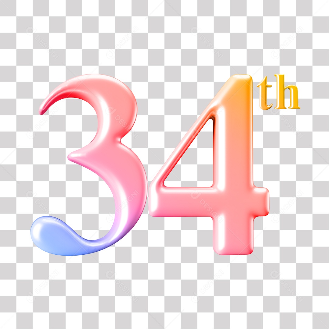 Elemento 3D Para Composição Número 34 Degrade Rosa e Roxo PNG Transparente