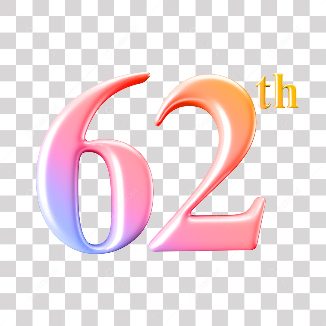 Elemento 3D Para Composição Número 62 Degrade Rosa e Roxo PNG Transparente