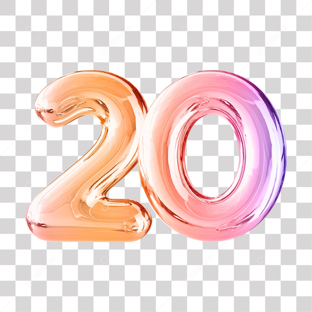Elemento 3D Para Composição Número 20 Dourado e Roxo PNG Transparente