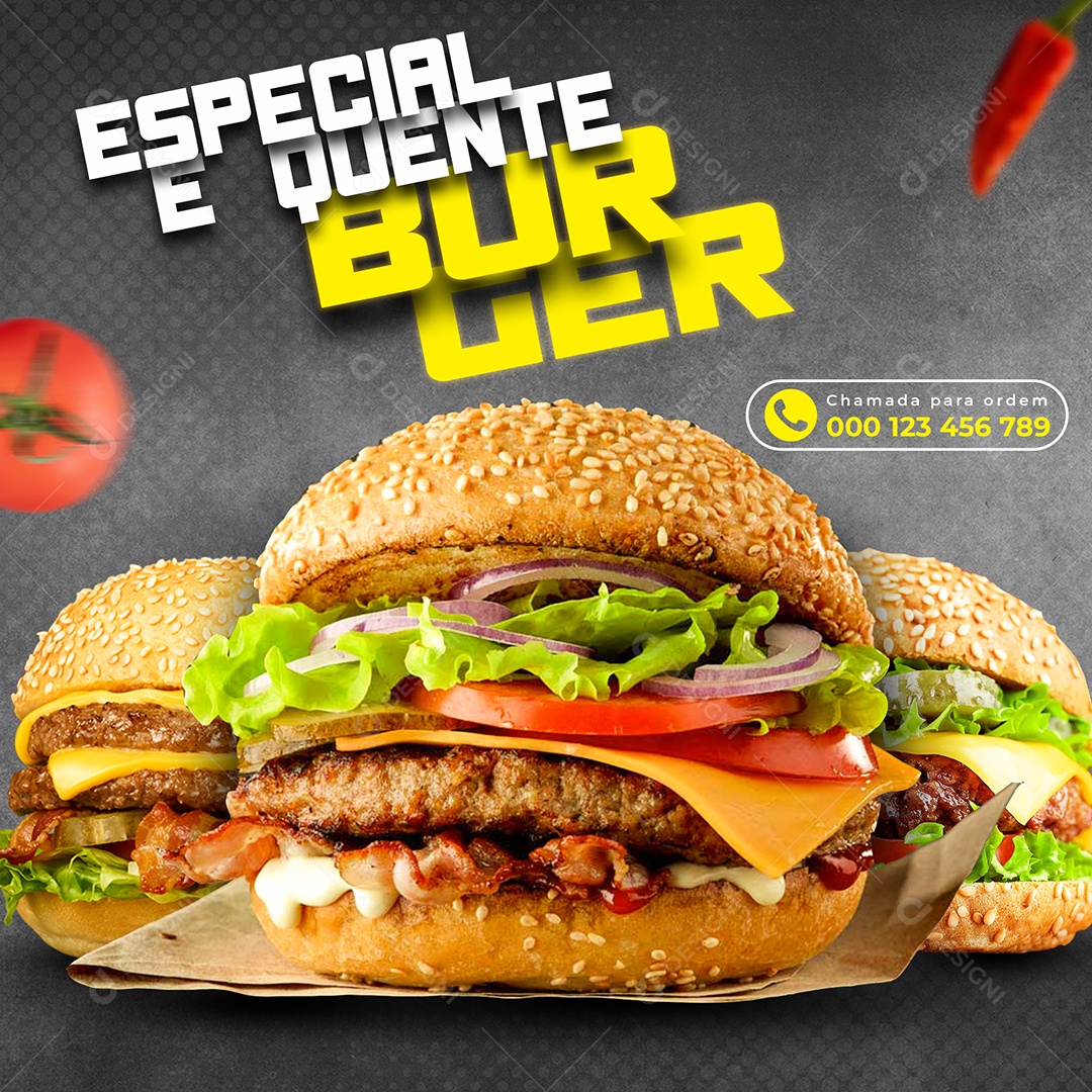 Burger Especial e Quente Hambúrgueria Social Media PSD Editável