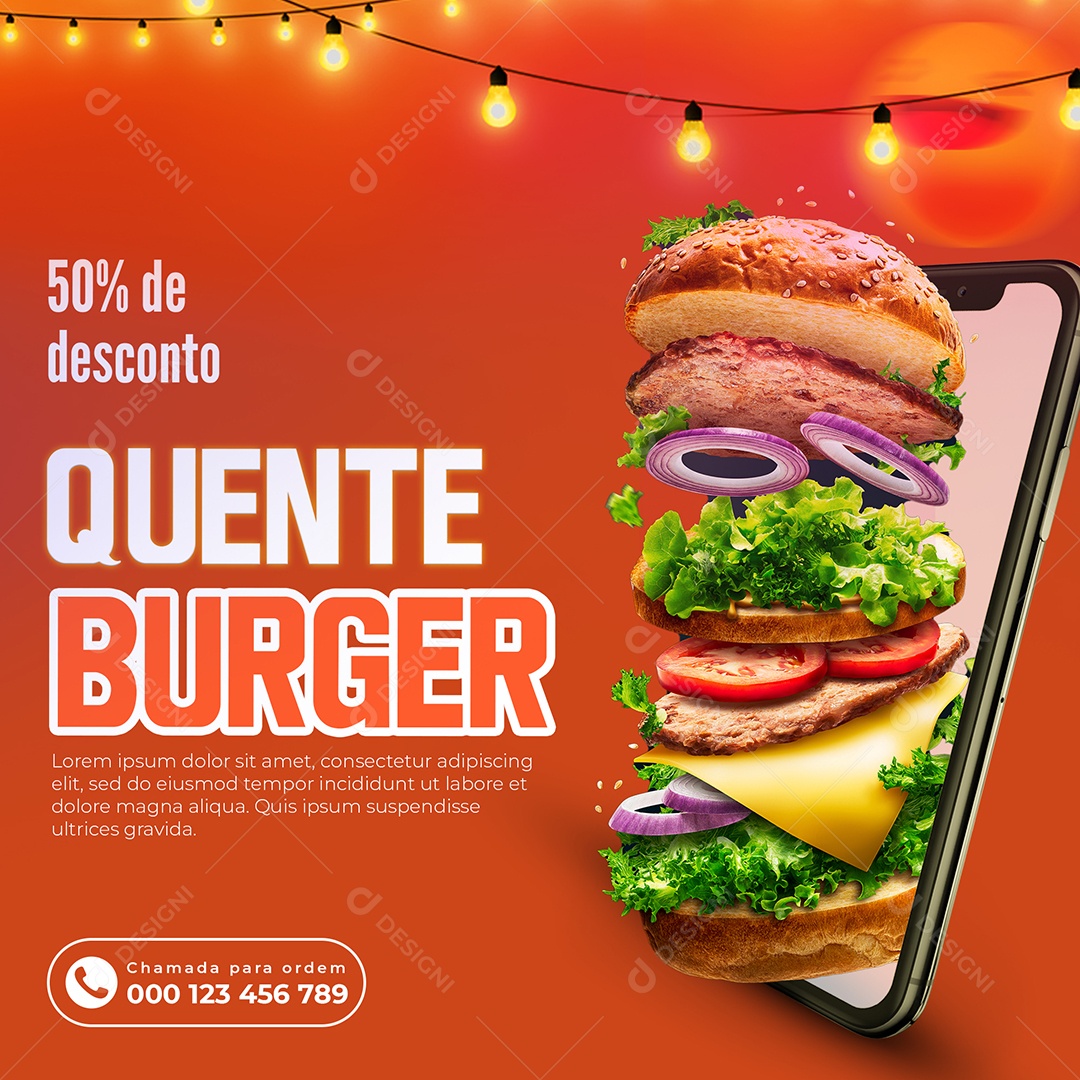 Burger quente 50% de Desconto Hambúrgueria Social Media PSD Editável