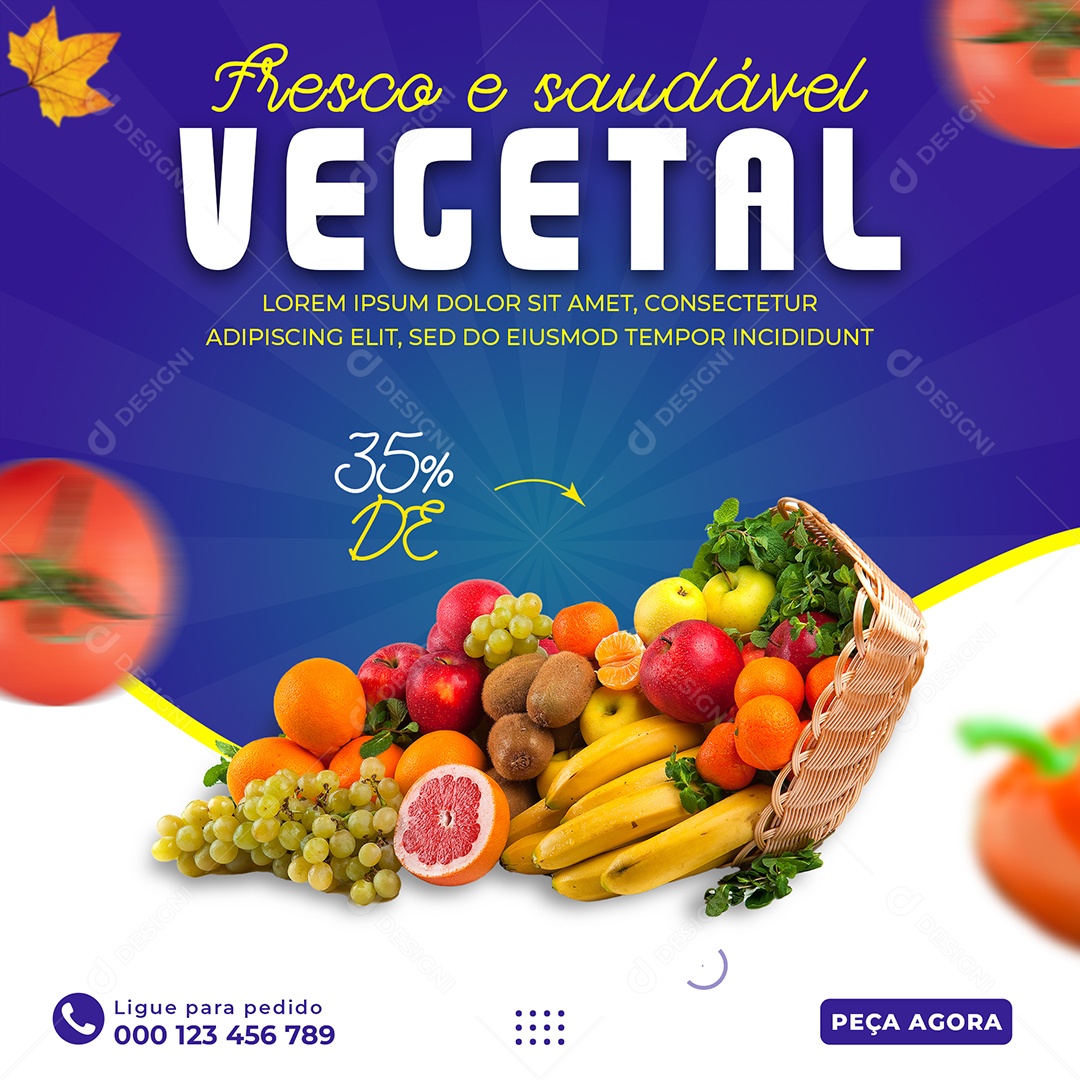 Fresco e Saudável Vegetal 35% de Desconto Hortifruti Social Media PSD Editável